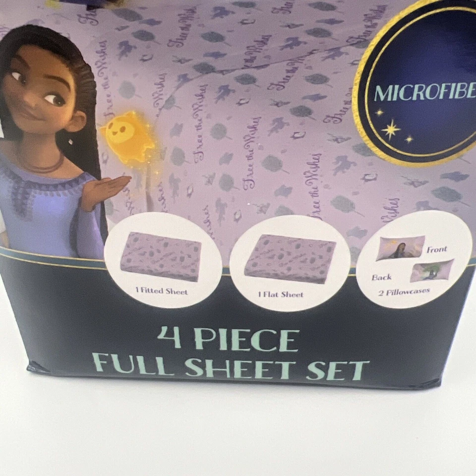 Conjunto completo de lençóis Disney Wish 4 peças roupa de cama microfibra 2 fronhas roxo novo - Imagem 2 de 4