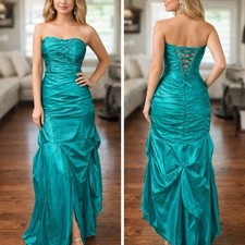 VTG 90s Deb Strapless Teal Prom Gown Corset Back Ruched Mermaid Size 5/6