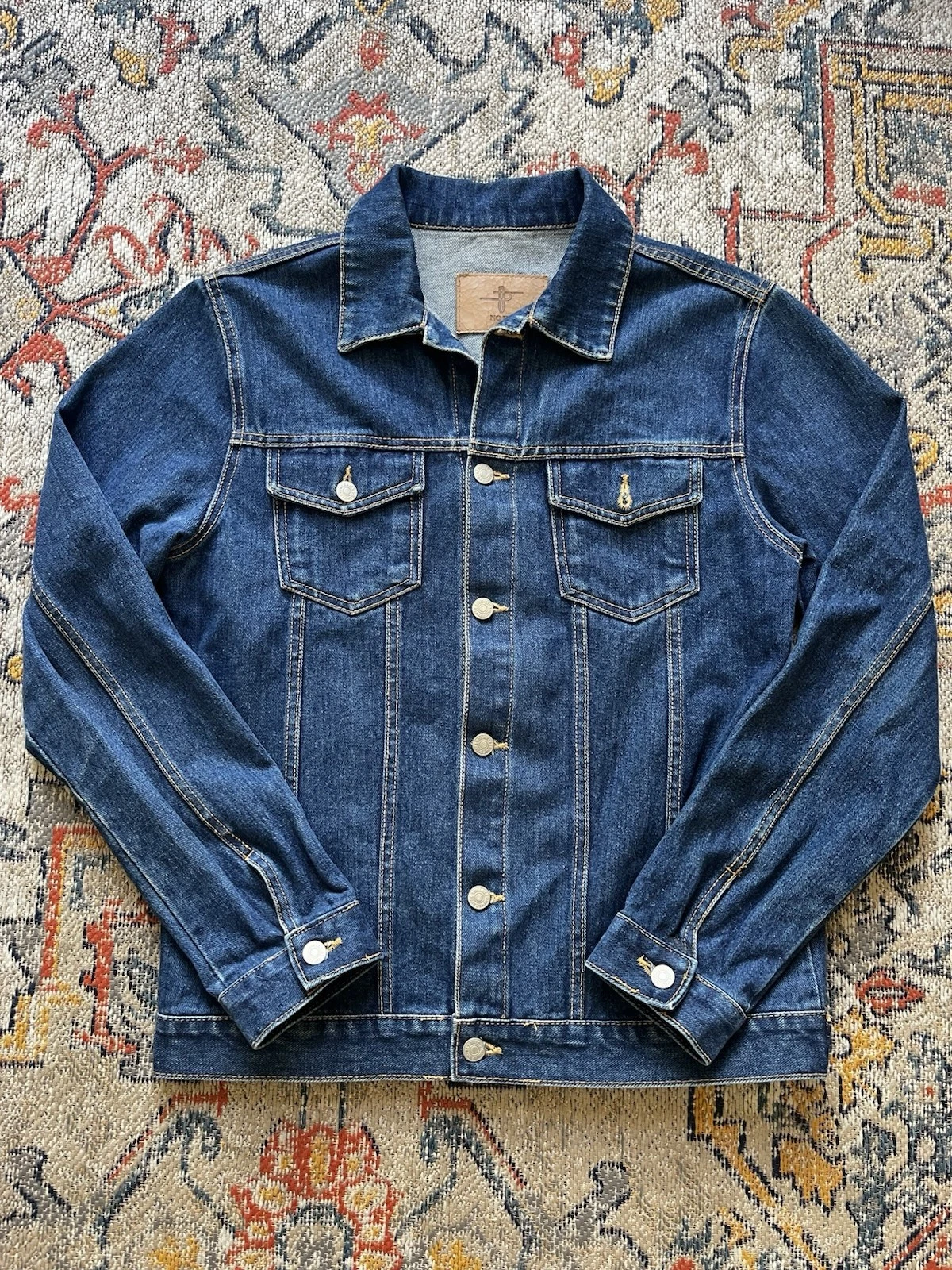 NO ID. Men's Blue Denim Jacket Short Button Front Point Collar Size L Vintage