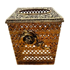 Vintage Hollywood Regency Gold Tone Filigree Square Tissue Box Holder 5 3/4”