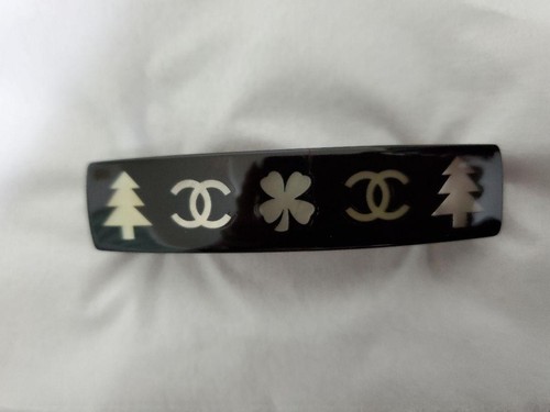 CHANEL Hair Barrette Vintage Black CC Logo Clover Tree Motif Rare Accessory - Picture 6 of 12