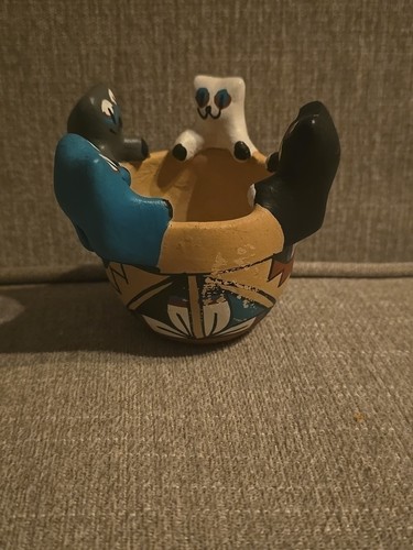 A.i. Jemez Clay Pottery Bowl 4 Cats - Picture 1 of 17
