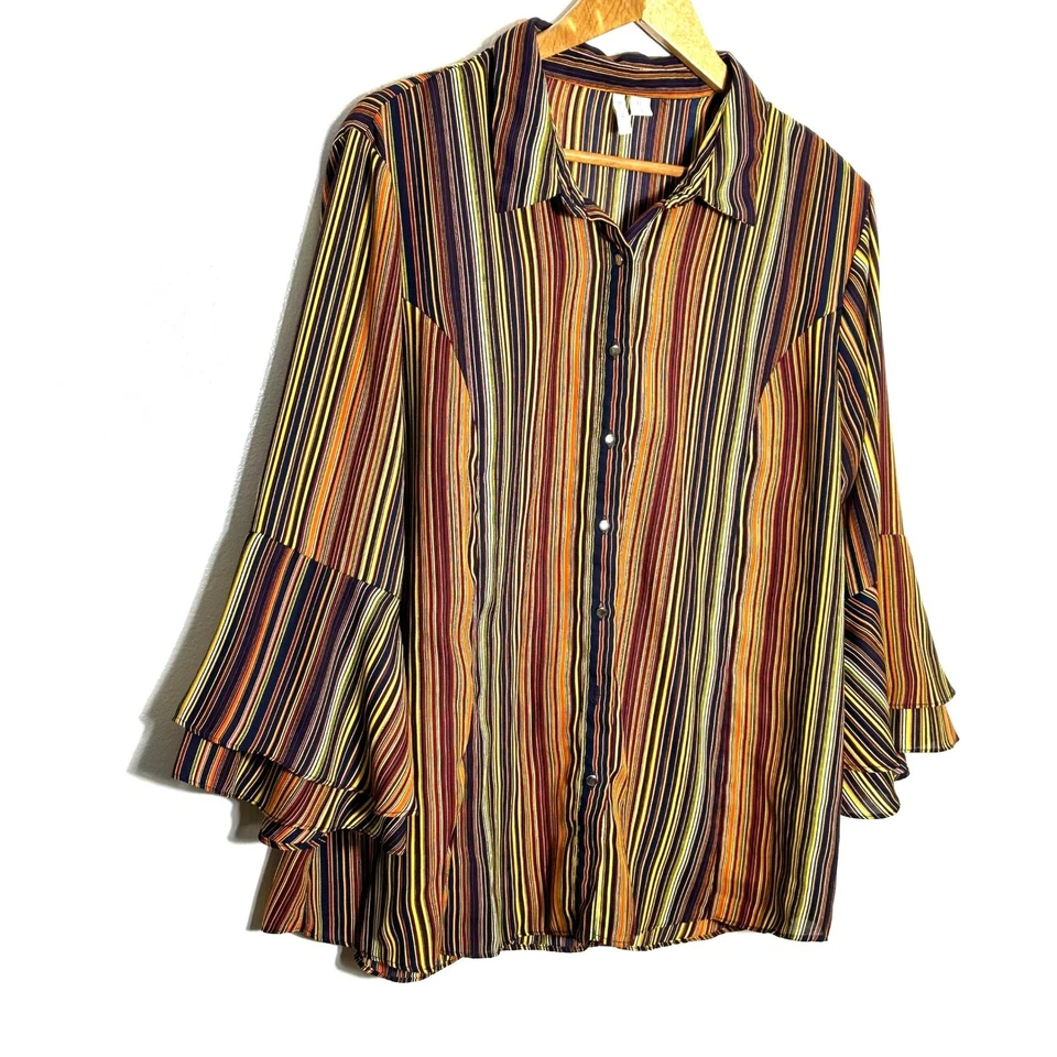 Camisa para mujer Cato XL colorida a rayas manga campana 3/4 abotonada top ligero Foto 2 de 4