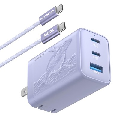 65W GaN USB C Wall Charger 3 Port Fast Adapter With 3ft 100W Type C PD Cable