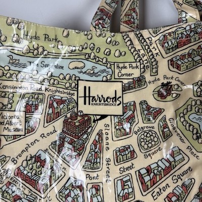 Harrods Knightsbridge London Map Tote Shopper Bag PVC Travel Cream