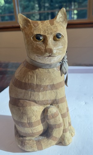 VTG Wooden Folk Art Carved Orange Tabby Cat Signed GAO Primitive Style 1983