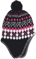 Girl's Winter Knit Hat with Ear Flaps and Pom in Pink One Size, Black