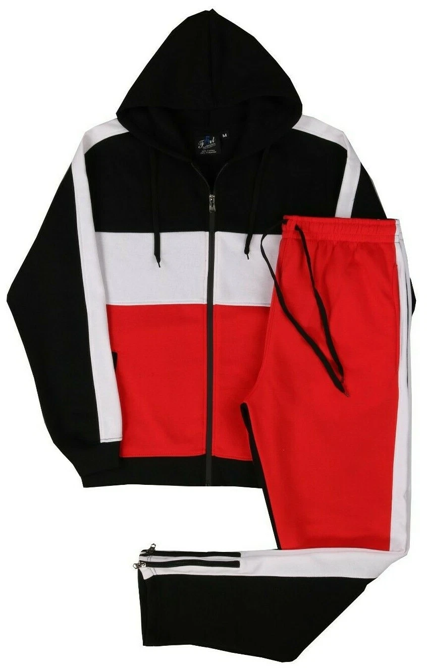 MEN VINTAGE CLASSIC COLOR BLOCK WARM FLEECE SWEATSUIT JOGER ZIPPER BOTTOM