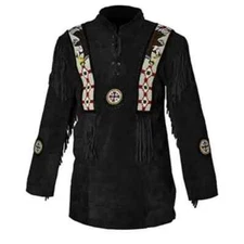 Men American Cowboy Suede Leather Fringe & Multi Beaded Color Western Jacket