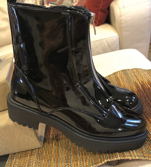 New Women Casual Bootie Low Chunky Heel Slip On Faux Patent Leather Ankle Black | eBay
