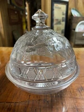 Antique Clear Glass Round Covered Dish Featuring Embossed Birds