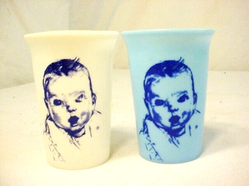 2 Vtg Gerber Baby Foods Tumbler Cup Picture 3.25" Blue & White Plastic Child's
