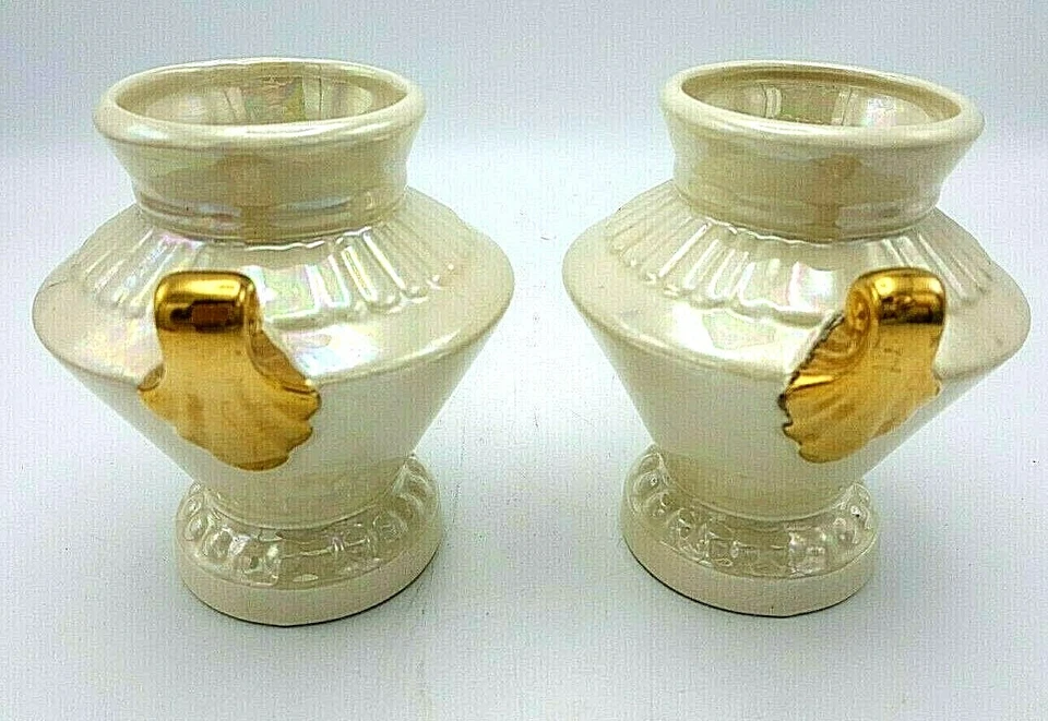 Two Decorative Porcelain Pots Vase Swirl* Cream W Gold Colored Handles - Image 3 of 4