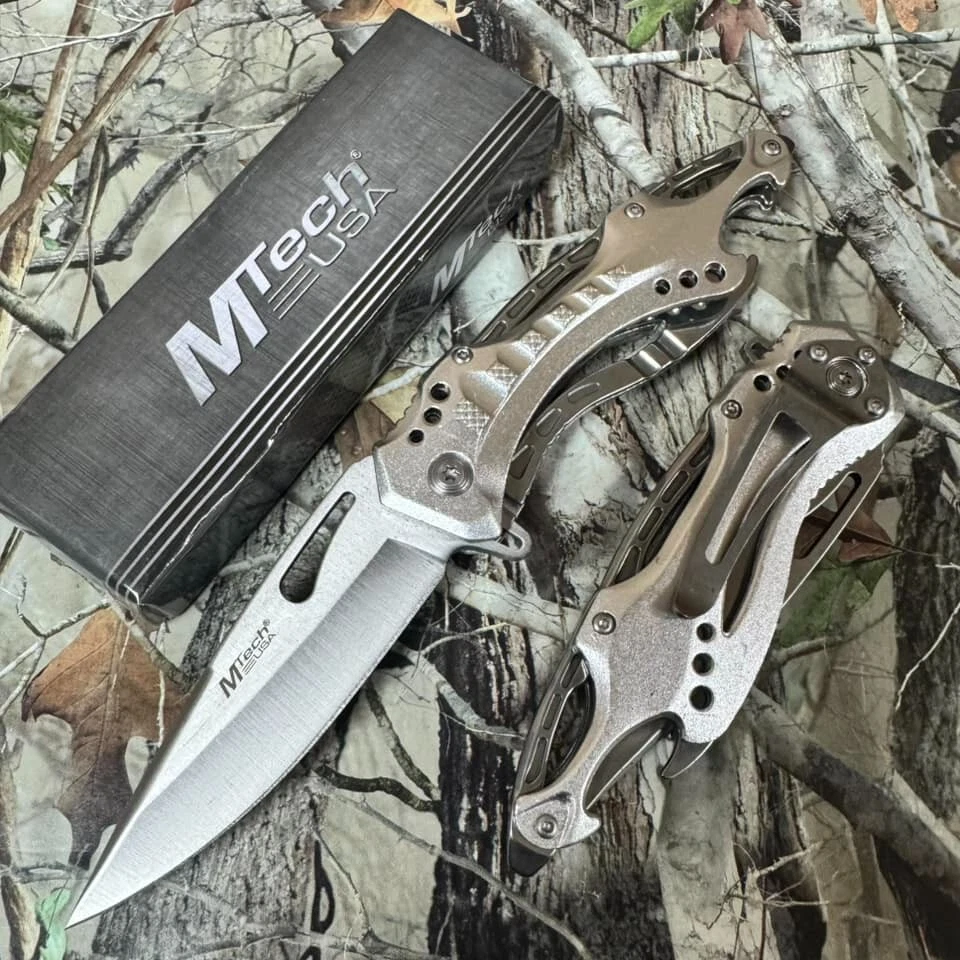 Navaja de bolsillo plegable MTech Ballistic PLATA TITANIO abridor de botellas con resorte Foto 3 de 4