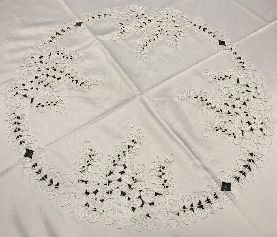 White Embroidered Peacock Embroidery Tablecloth 58" Round Wedding Bridal - Image 3 of 4