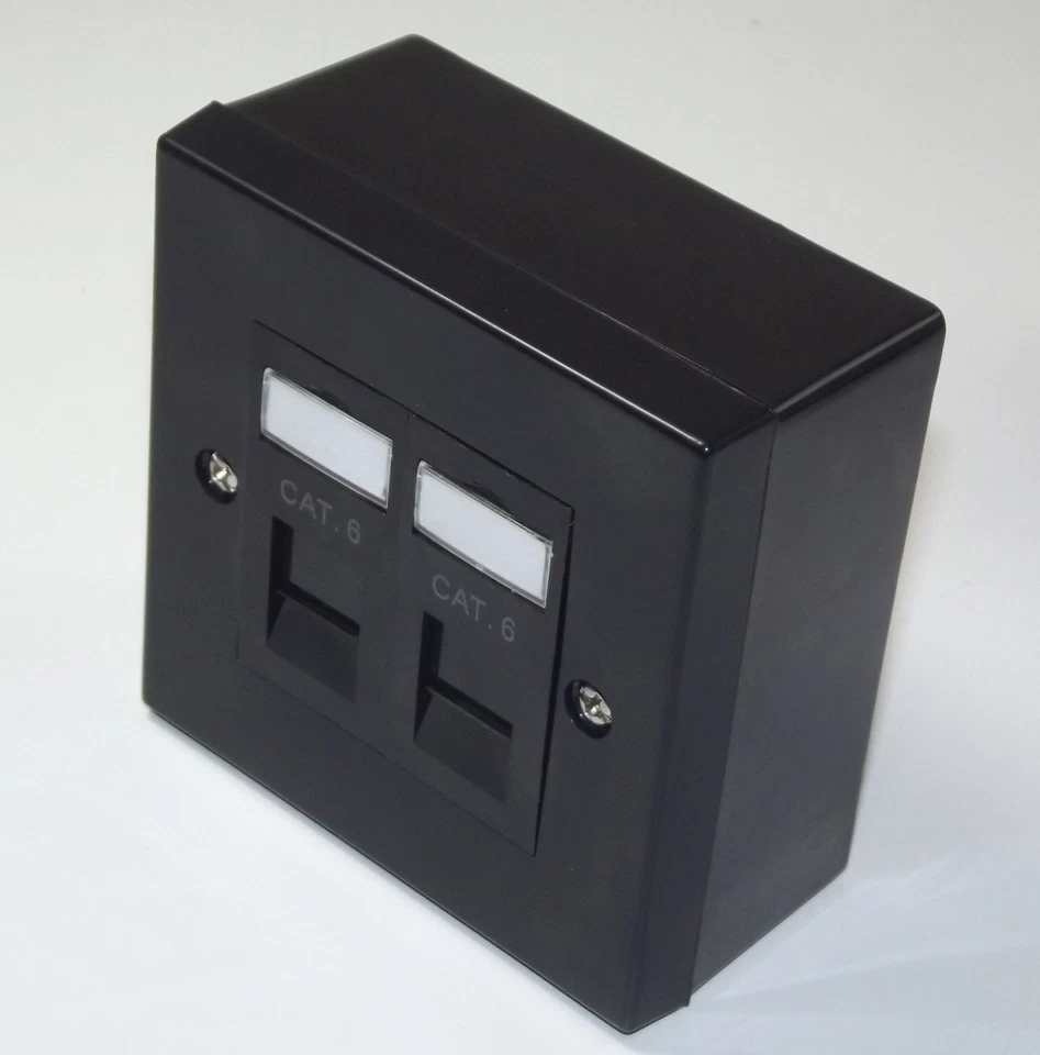 2x BLACK Cat6 RJ45 Double Face Plate & BACK BOX (Ethernet Network wall socket) - Image 1 of 1