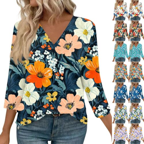 3/4 Length Sleeve Womens Tops V Neck Casual Tunic Tops Basic Shirts Loose Fit