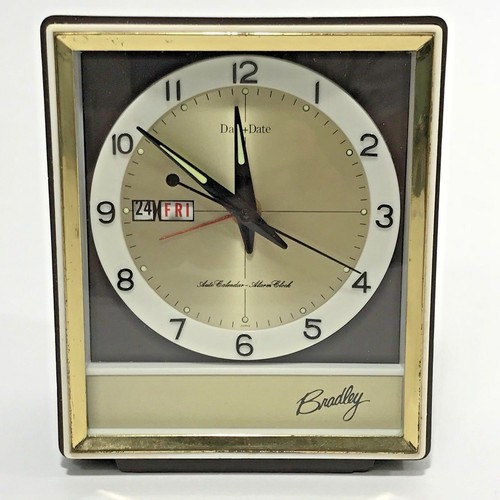 Vintage Bradley Alarm Clock Mid Century Windup Day Date Calendar Japan
