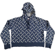 Tommy Jeans Hoodie Womens Large Blue All Over Spell Out Logo Pullover Sweatshirt