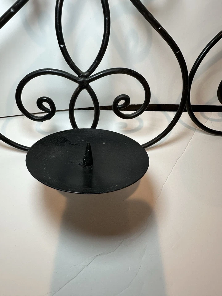 Pair of Rustic Scroll Ornate Metal Wall Mounted Candle Sconces - Image 3 of 4