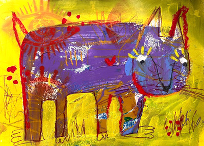 Außenseiter Stil Katze Gemälde Original Kunst Bunt Naiv Tier 8x12