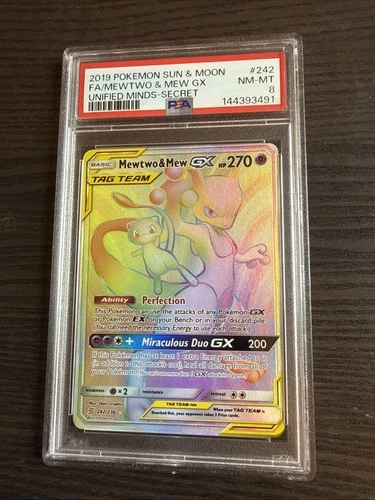 Mewtwo & Mew GX 242/236 Secret Rainbow Rare 2019 Unified Minds PSA 8 NM-MT