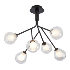 Modern Designer Matte Black 6-Arm Ceiling Light with Opal and Clear Glass Sha...
