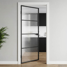 Interior Door Black Aluminum Frame Fluted Tempered Glass Panel HD 76 x 201.5 cm