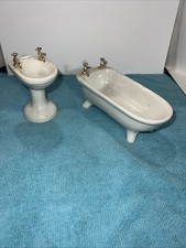 Vintage Miniature Dollhouse Porcelain Bath Set Tub  Sink White Doll House Size