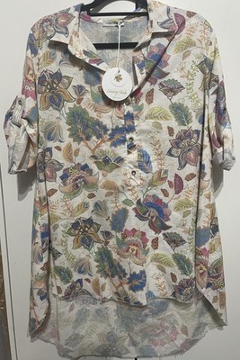 Artsy Beach Natural Floral Linen Tunic Blouse Made In Italy Size L Lindsay Moda
