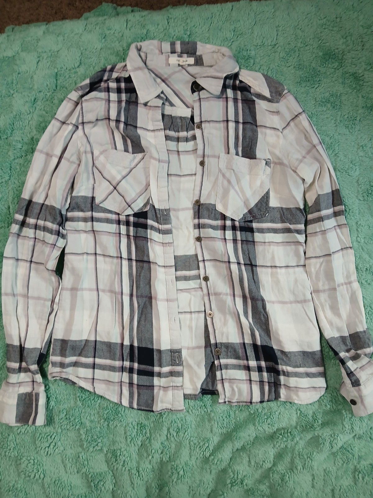 Maurices Plaid Flannel Button-Up Shirt White Navy Pink Size S Long Sleeve Women
