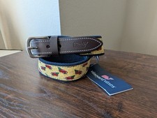 Vineyard Vines Yellow Red Christmas Tree Truck Cotton Canvas Brown Leather Belt