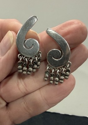 Vtg Comma Mexico Sterling Silver Beaded  Dangling Beads Screw Back Earrings EUC