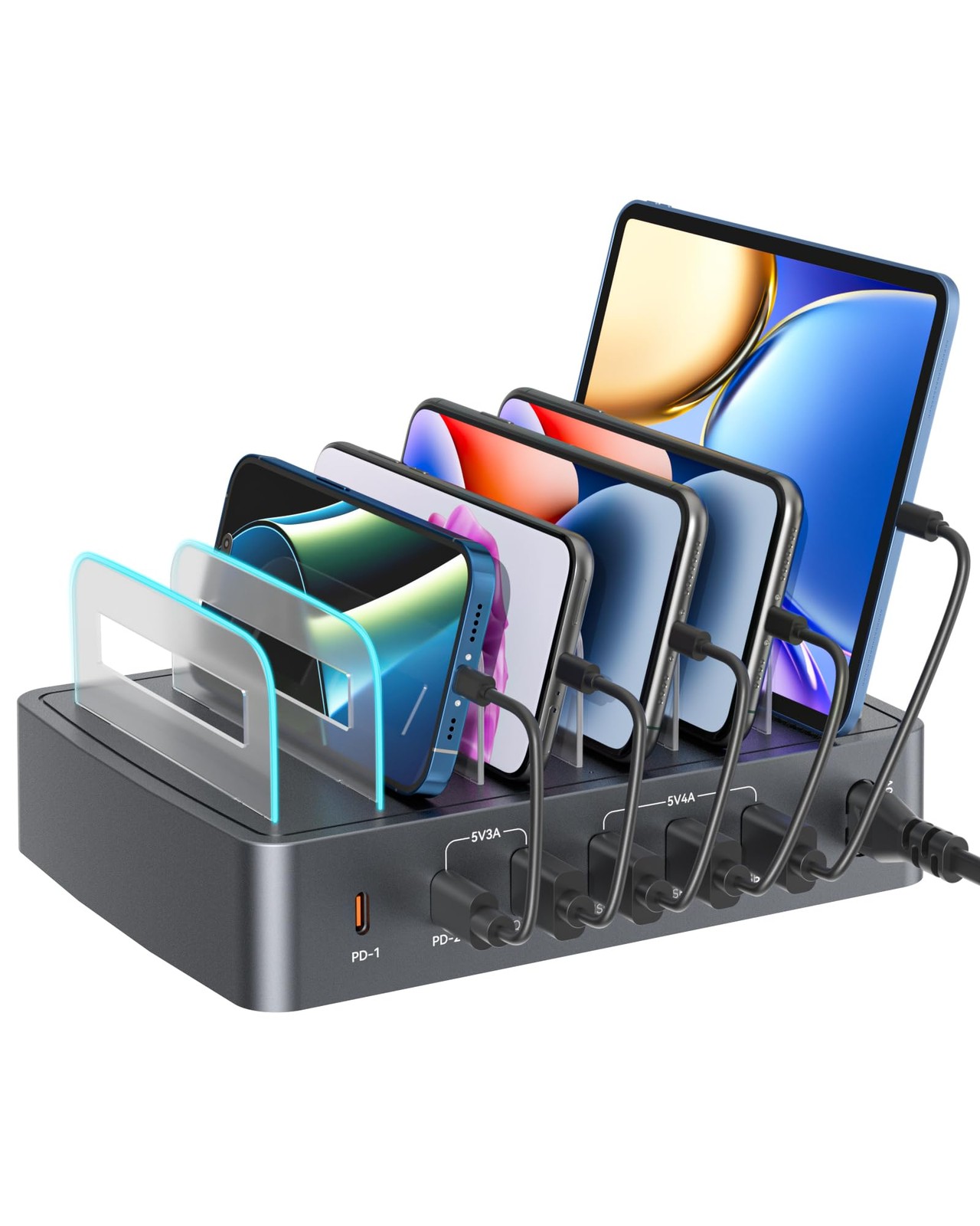 Station de charge USB C avec distribution intelligente d'énergie pour charger 6 appareils