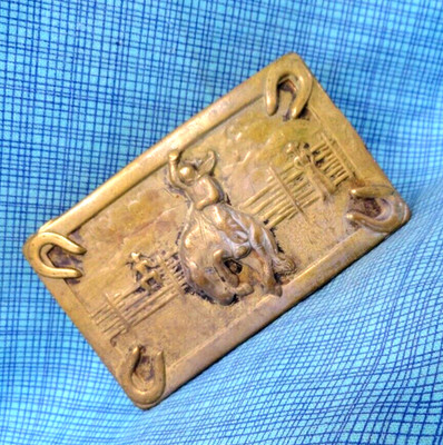 Pressed Brass Cowboy Belt Buckle Bucking Horse Horseshoes Rodeo Vtg 50s  .NOX135