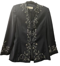 Travis Ayers Suit Jacket Women Size 6 Blazer Navy Blue Floral White Embroidered