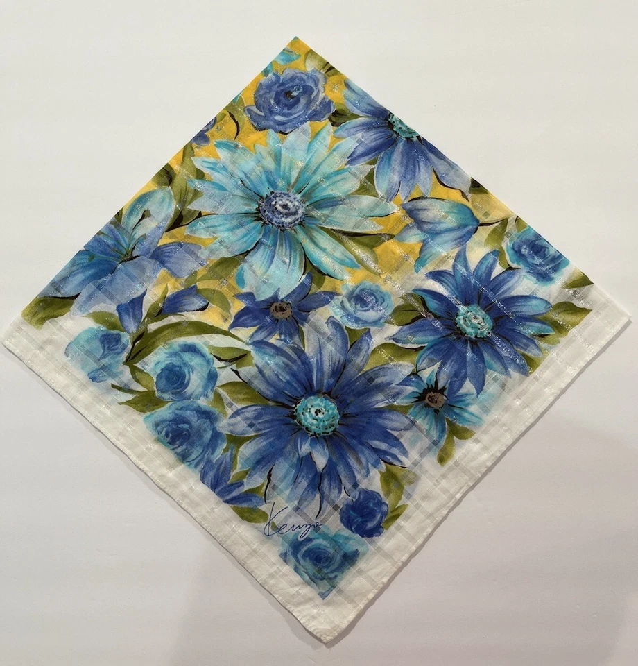 "Pañuelo KENZO Mujer Floral Azul Blanco Estampado Algodón Bolsillo Cuadrado 23""" Foto 4 de 4