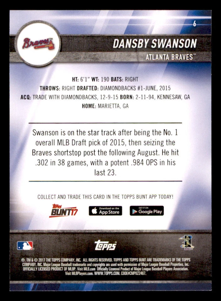 2017 Topps Bunt #6 Dansby Swanson RC - Image 2 of 2