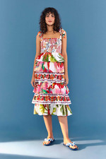 Farm Rio Mixed White Prints Layered Dress L Tropical Floral Tiered Linen Smocked