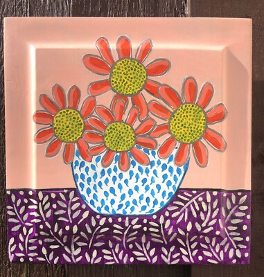 Original Gemälde Gänseblümchen in einer Vase Naiv/Volkskunst auf Holzplatte, Blumen