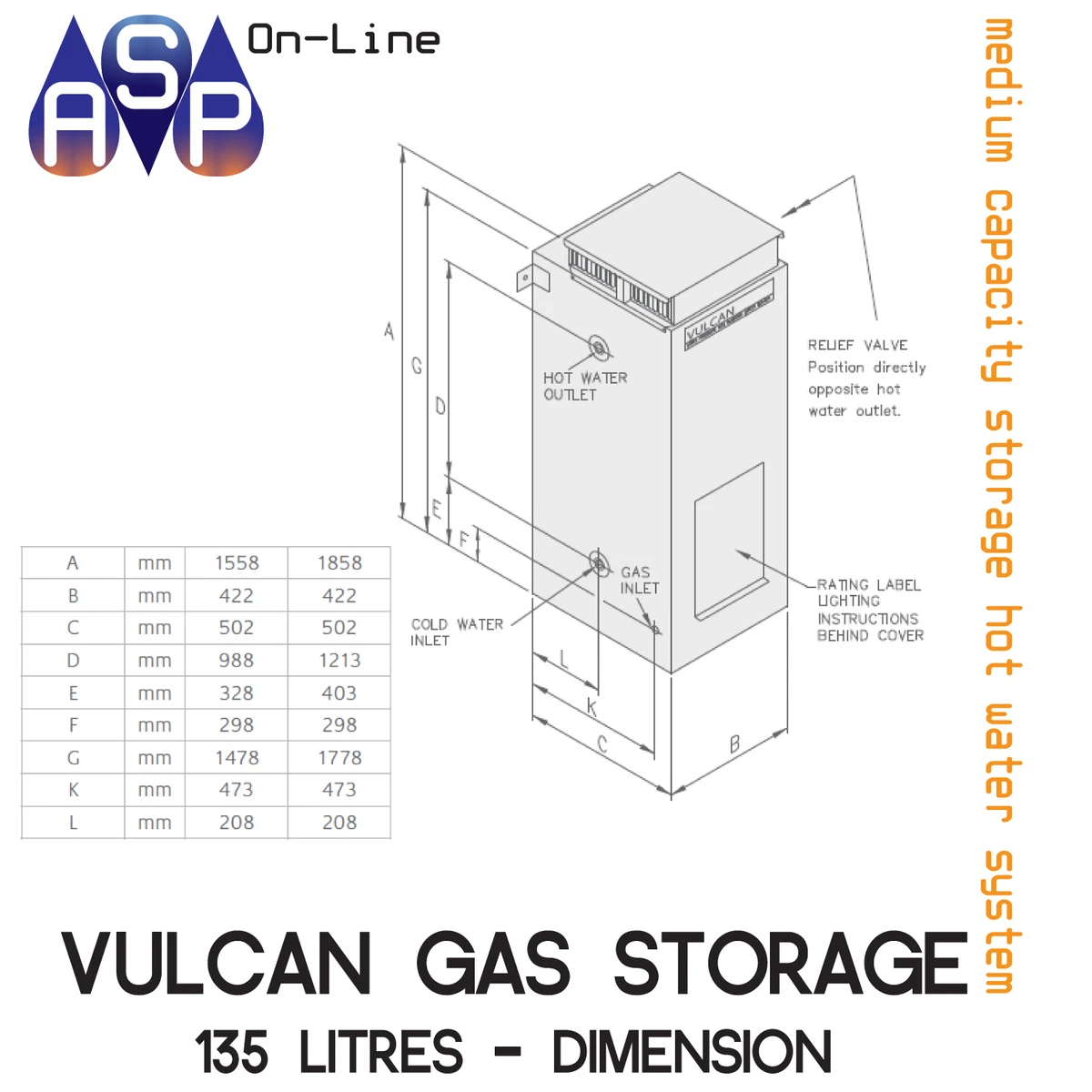 VULCAN 135L HOT WATER SYSTEM GAS STORAGE - NATURAL GAS - BY RHEEM FREE  DELIVERY | eBay