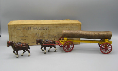 Vtg 1948 Charbens Hollow Lead British Made Tree Wagon Horses Toy w/Box Britain