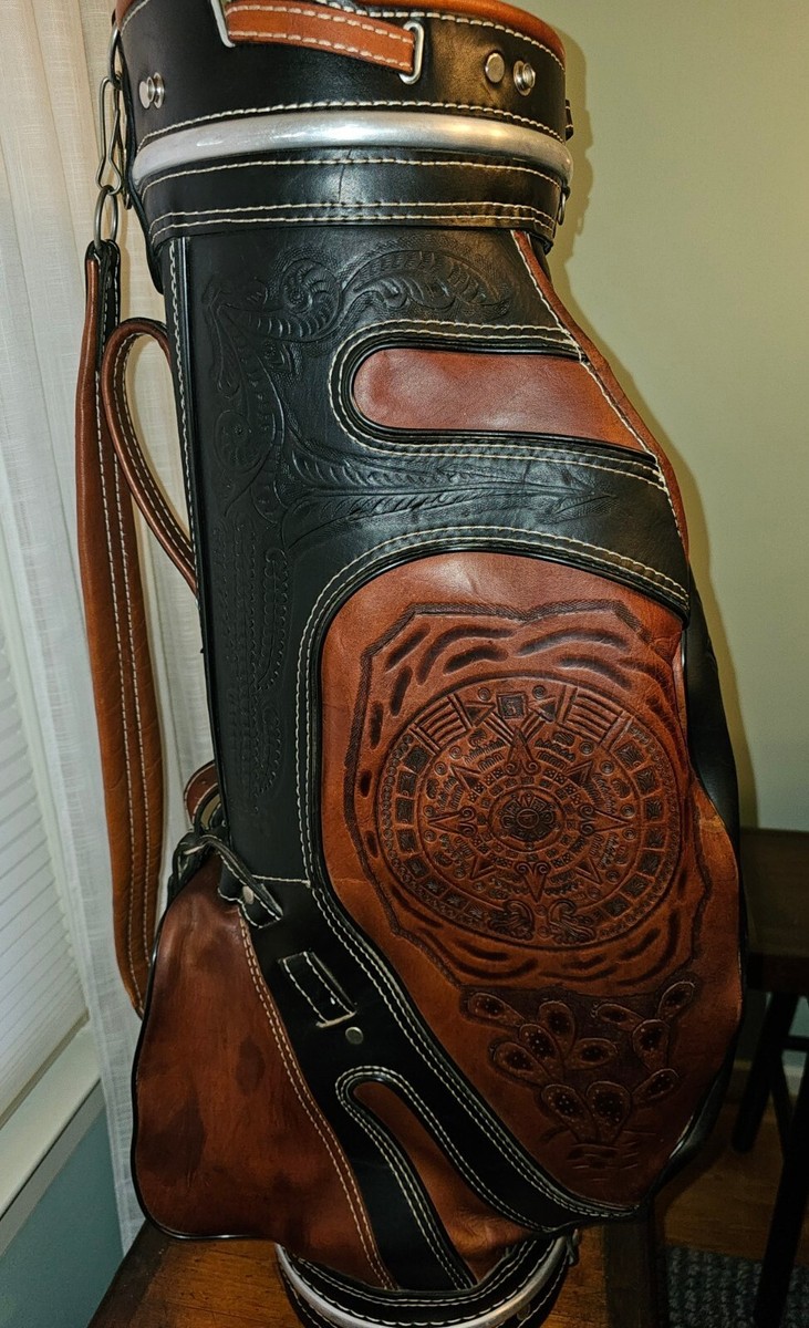 Vintage Mexican Genuine Leather Aztec Indian Mayan Golf Bag Tooled