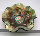 Fenton Bowl, Green Carnival Glass Vintage Grape Leaf, Ruffled, 7” Wide