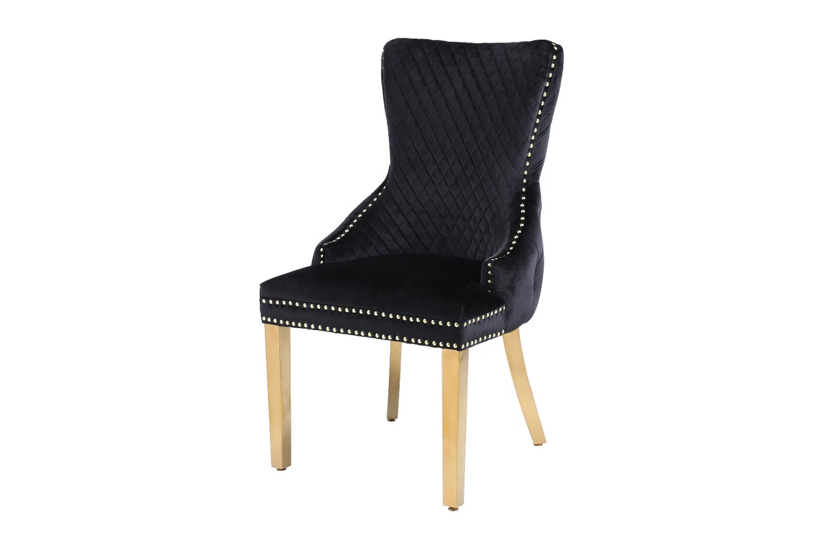 Set of 2 Royal Black Lion Knocker Tufted back Golden Chrome legs Dining Chair