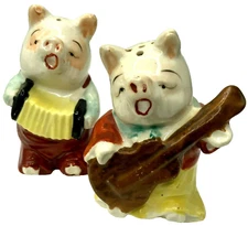 Vintage Anthropomorphic Pig Salt Pepper Shakers Musical Guitar Squeeze Box Japan
