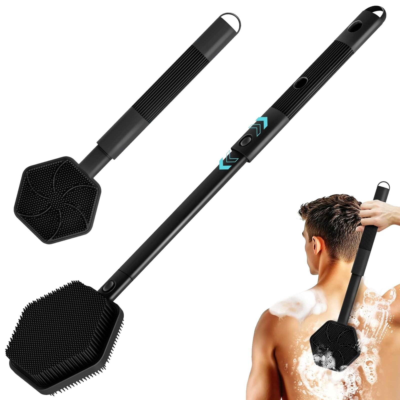 Brosse de douche double face exfoliante en silicone avec manche télescopique