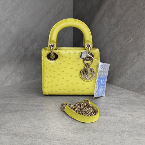 Dior Lady Dior Mini Handbag Lemon Yellow Ostrich Leather Gold Hardware Auth
