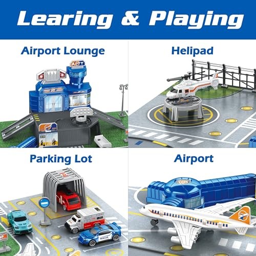 Airplane Toy Set with Trucks, Helicopter, Planes, Signs and Airport Playmat, - Picture 6 of 8
