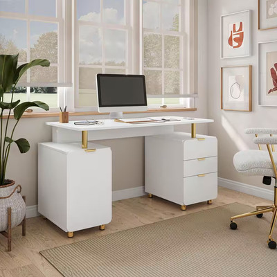 56.75 In. Rectangular White and Gold 3-Drawer Executive Computer Desk with Cabin